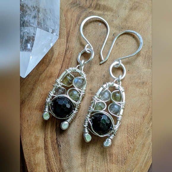 Artisan Sterling Silver Earrings Hand Wrapped Labradorite and Black Tourmaline - Picture 1 of 16